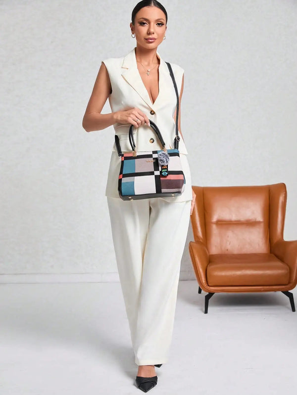 New luxury handbag for women with random grid design, fashionable shoulder bag, women's handbag