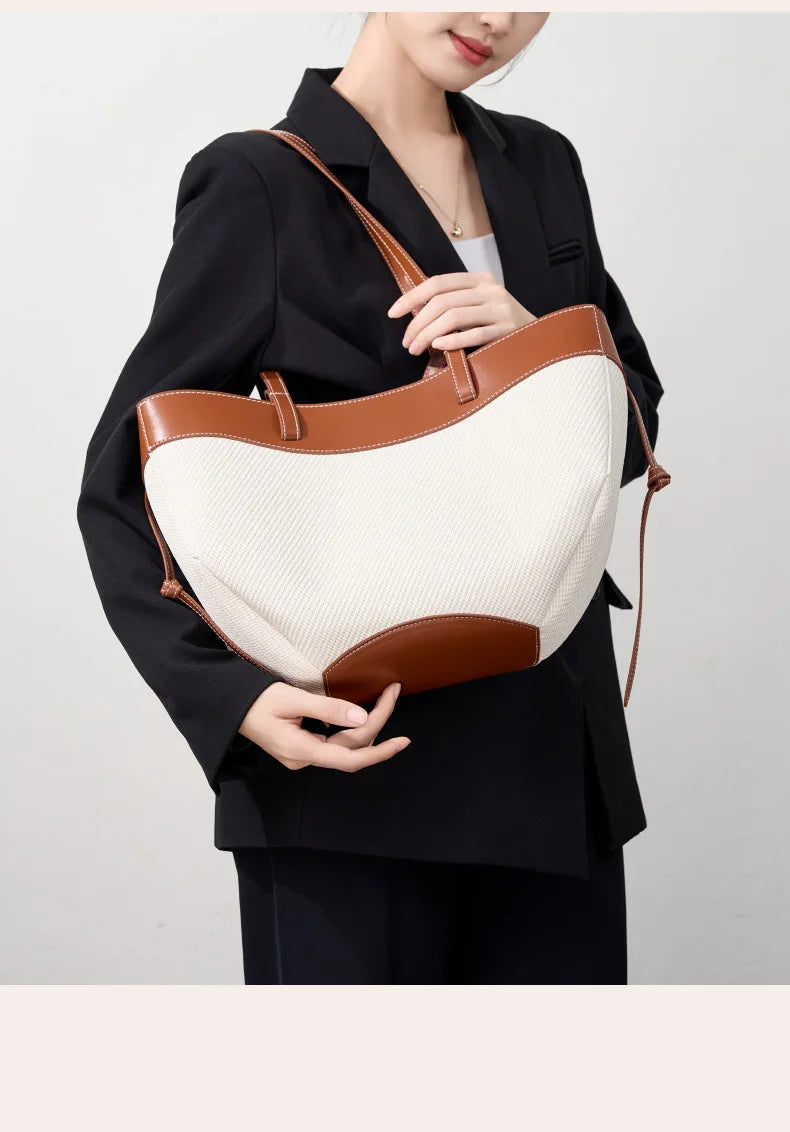 Motingsome Summer Tote Bag Woman Holiday Handbag Luxury Designer Bags Cotton Fabric with Cow Leather Shoulder Purses 2025 New 
