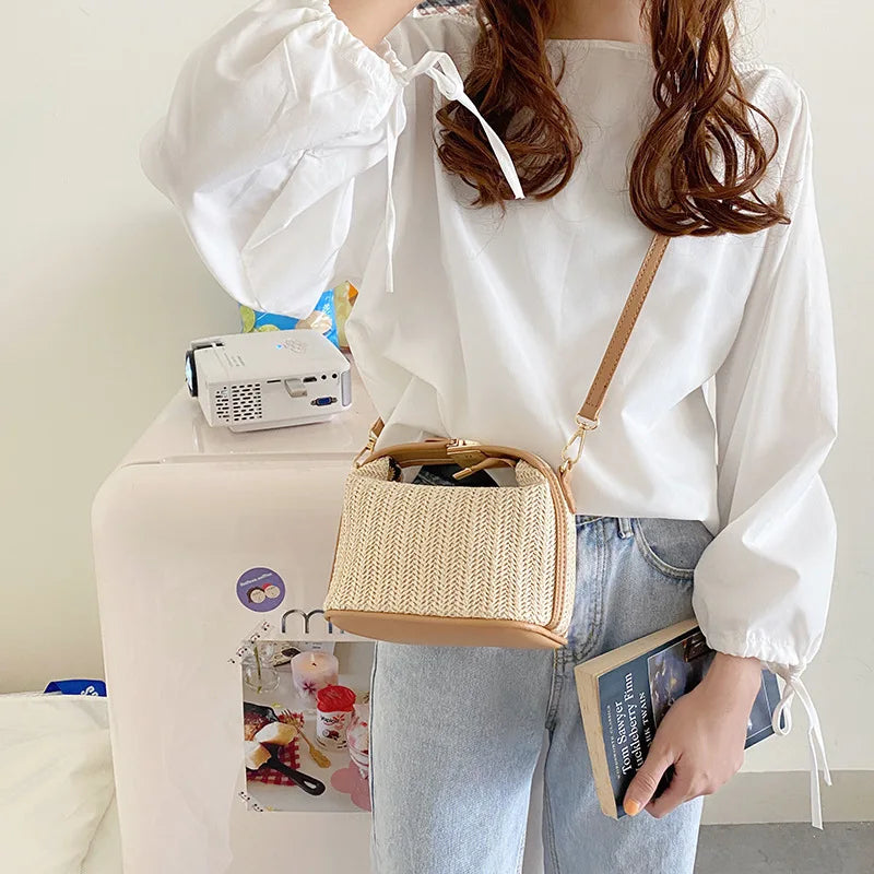 Yogodlns Summer Small Straw Handbag Trendy Shoulder Bag Woven Bucket Crossbody Bag Casual Seaside Beach Bag Gilrs Handle Tote 
