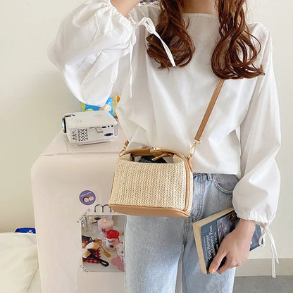 Yogodlns Summer Small Straw Handbag Trendy Shoulder Bag Woven Bucket Crossbody Bag Casual Seaside Beach Bag Gilrs Handle Tote 
