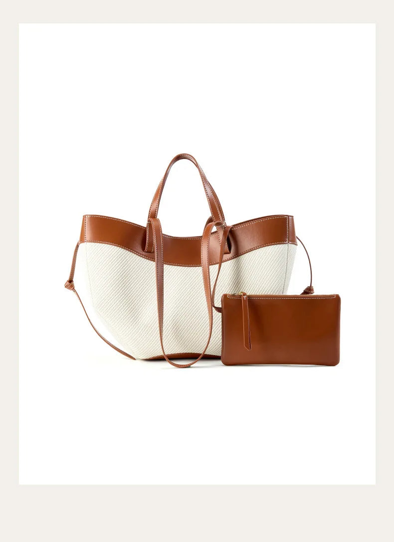 Motingsome Summer Tote Bag Woman Holiday Handbag Luxury Designer Bags Cotton Fabric with Cow Leather Shoulder Purses 2025 New 