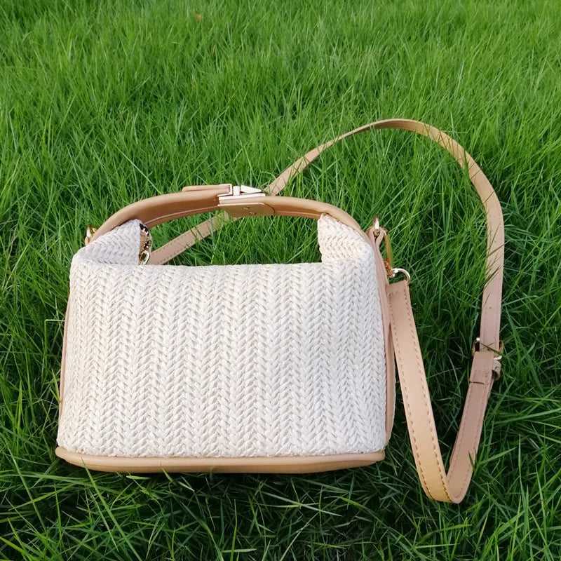 Yogodlns Summer Small Straw Handbag Trendy Shoulder Bag Woven Bucket Crossbody Bag Casual Seaside Beach Bag Gilrs Handle Tote 