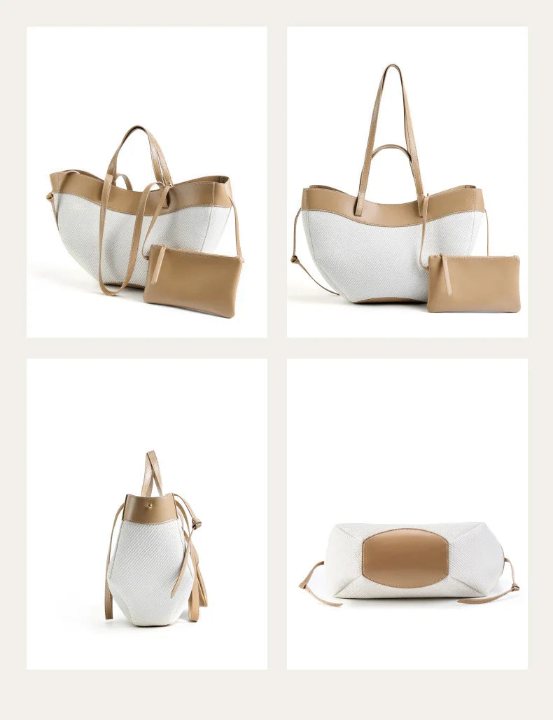 Motingsome Summer Tote Bag Woman Holiday Handbag Luxury Designer Bags Cotton Fabric with Cow Leather Shoulder Purses 2025 New 