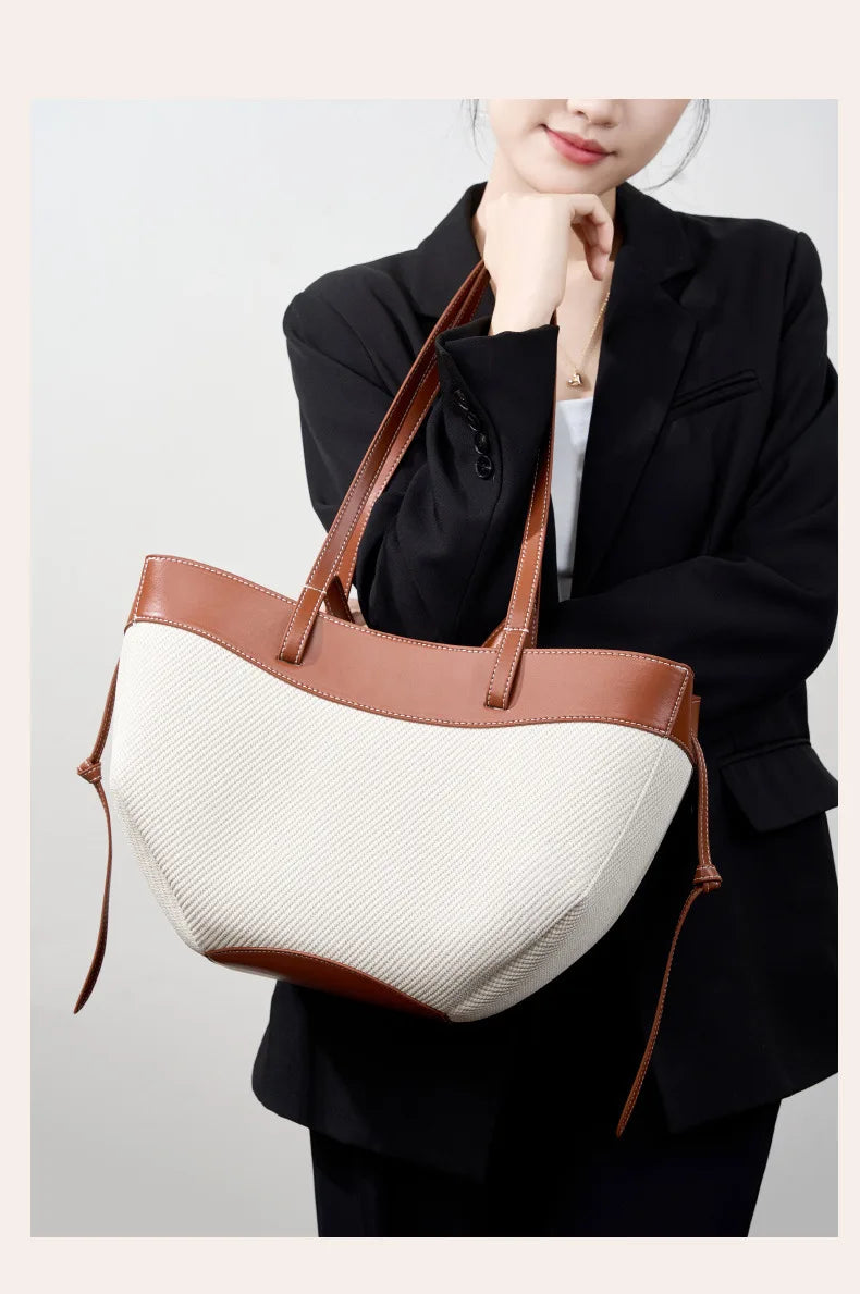 Motingsome Summer Tote Bag Woman Holiday Handbag Luxury Designer Bags Cotton Fabric with Cow Leather Shoulder Purses 2025 New 