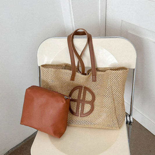 Straw Hollow Out Knitting Tote Bag Large Capacity Handmade Shoulder Handbag Women 2023 Designer Casual Beach Bag Ethnic Style 