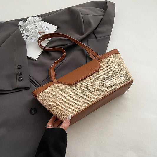 Fashion Women Shoulder Bag PU Woven Patchwork Stick Bag Large Capacity Tote Bag New Casual Woven Contrasting Color Handbag 