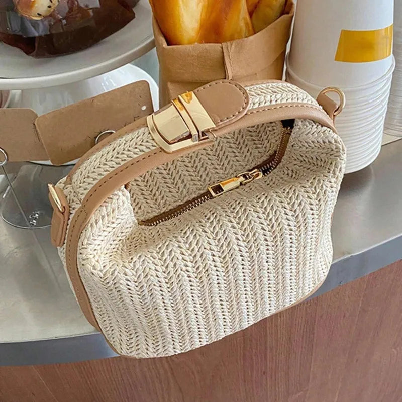 Yogodlns Summer Small Straw Handbag Trendy Shoulder Bag Woven Bucket Crossbody Bag Casual Seaside Beach Bag Gilrs Handle Tote 