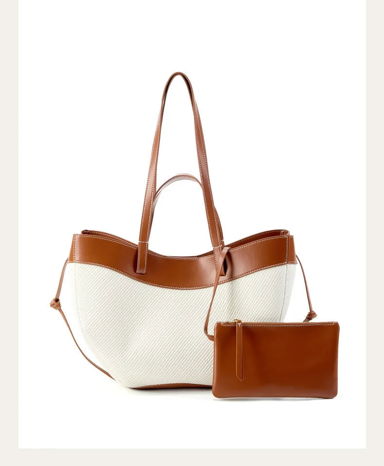 Motingsome Summer Tote Bag Woman Holiday Handbag Luxury Designer Bags Cotton Fabric with Cow Leather Shoulder Purses 2025 New 