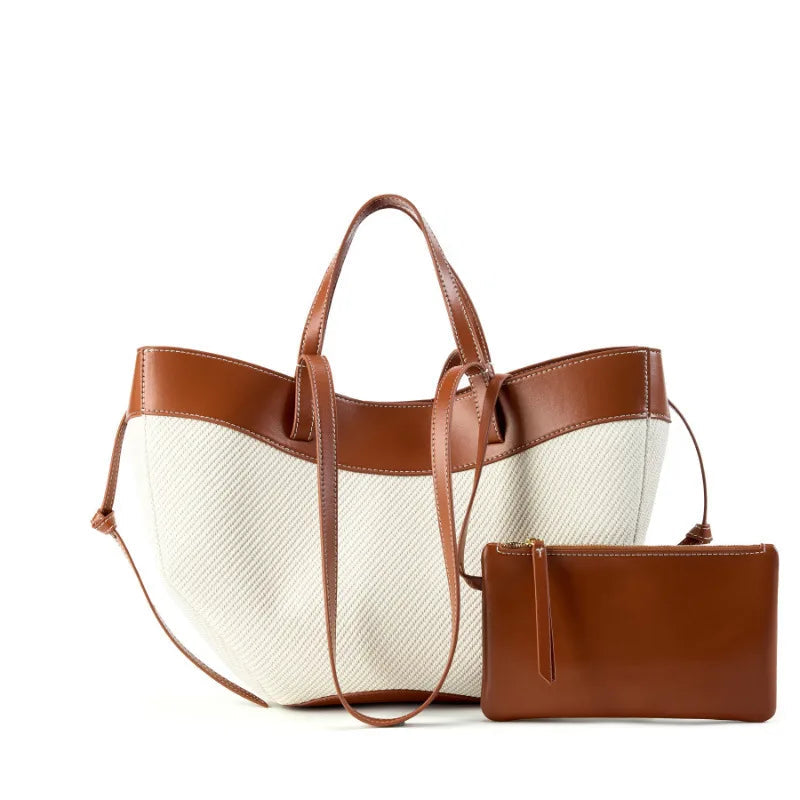 Motingsome Summer Tote Bag Woman Holiday Handbag Luxury Designer Bags Cotton Fabric with Cow Leather Shoulder Purses 2025 New 