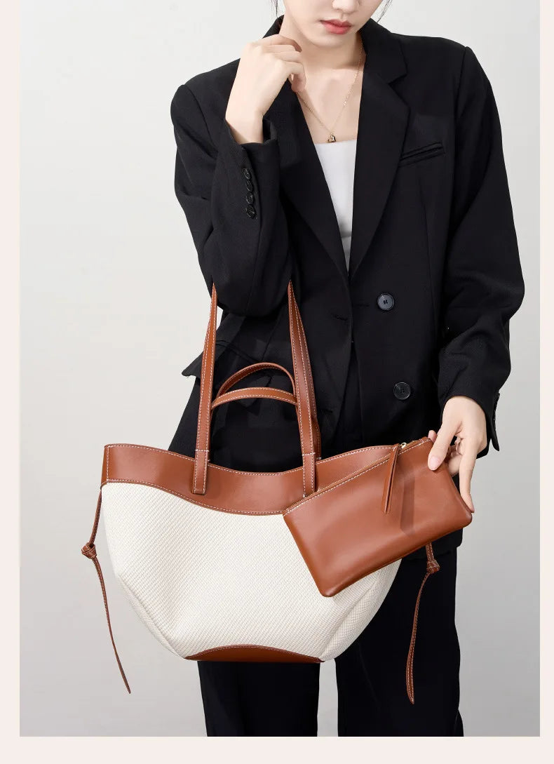 Motingsome Summer Tote Bag Woman Holiday Handbag Luxury Designer Bags Cotton Fabric with Cow Leather Shoulder Purses 2025 New 