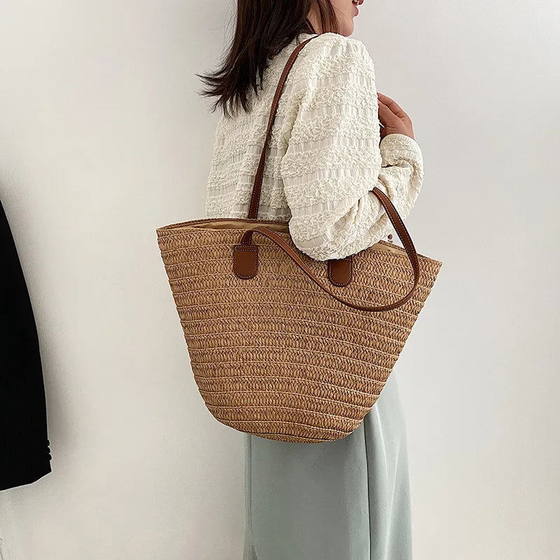 Women's Large Capacity Shoulder Bag Summer Straw Woven Basket Handbag Fashion Female Luxury Designer Beach Bag Bali Shopper Tote 
