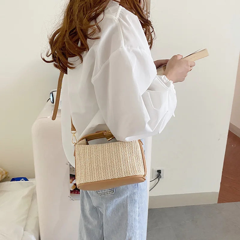 Yogodlns Summer Small Straw Handbag Trendy Shoulder Bag Woven Bucket Crossbody Bag Casual Seaside Beach Bag Gilrs Handle Tote 