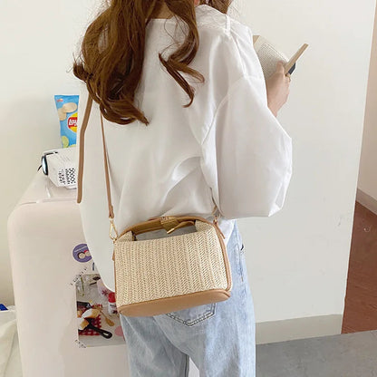 Yogodlns Summer Small Straw Handbag Trendy Shoulder Bag Woven Bucket Crossbody Bag Casual Seaside Beach Bag Gilrs Handle Tote 