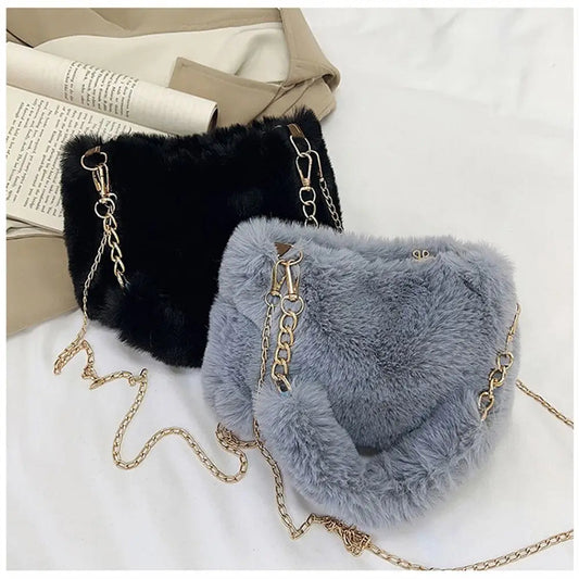 Fashion Women Fluffy Shoulder Bags Female Winter Chain Underarm Bag Solid Color Handbag Soft Plush Handle Bag 