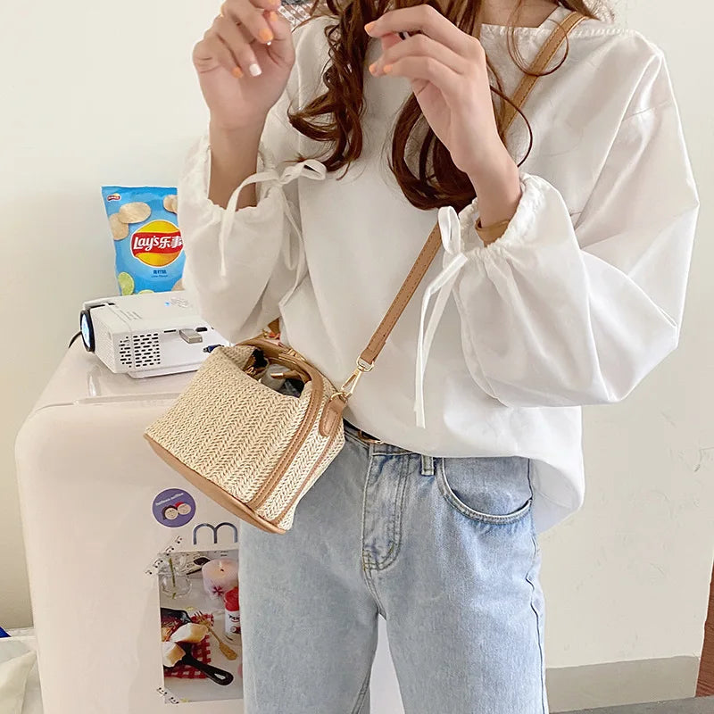 Yogodlns Summer Small Straw Handbag Trendy Shoulder Bag Woven Bucket Crossbody Bag Casual Seaside Beach Bag Gilrs Handle Tote 