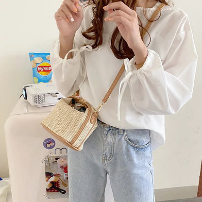 Yogodlns Summer Small Straw Handbag Trendy Shoulder Bag Woven Bucket Crossbody Bag Casual Seaside Beach Bag Gilrs Handle Tote 