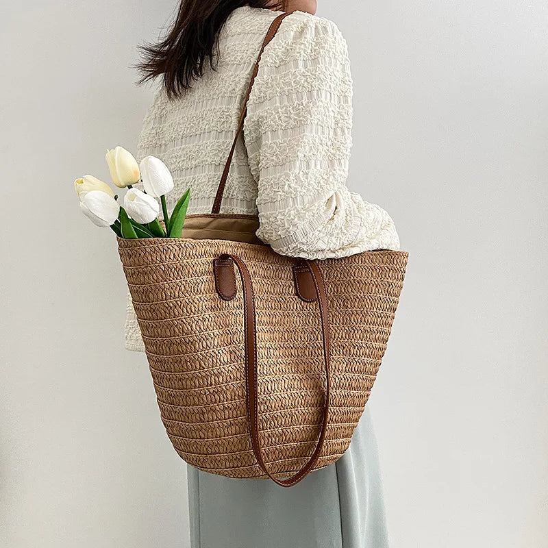 Women's Large Capacity Shoulder Bag Summer Straw Woven Basket Handbag Fashion Female Luxury Designer Beach Bag Bali Shopper Tote 