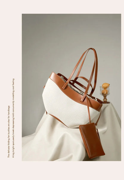 Motingsome Summer Tote Bag Woman Holiday Handbag Luxury Designer Bags Cotton Fabric with Cow Leather Shoulder Purses 2025 New 