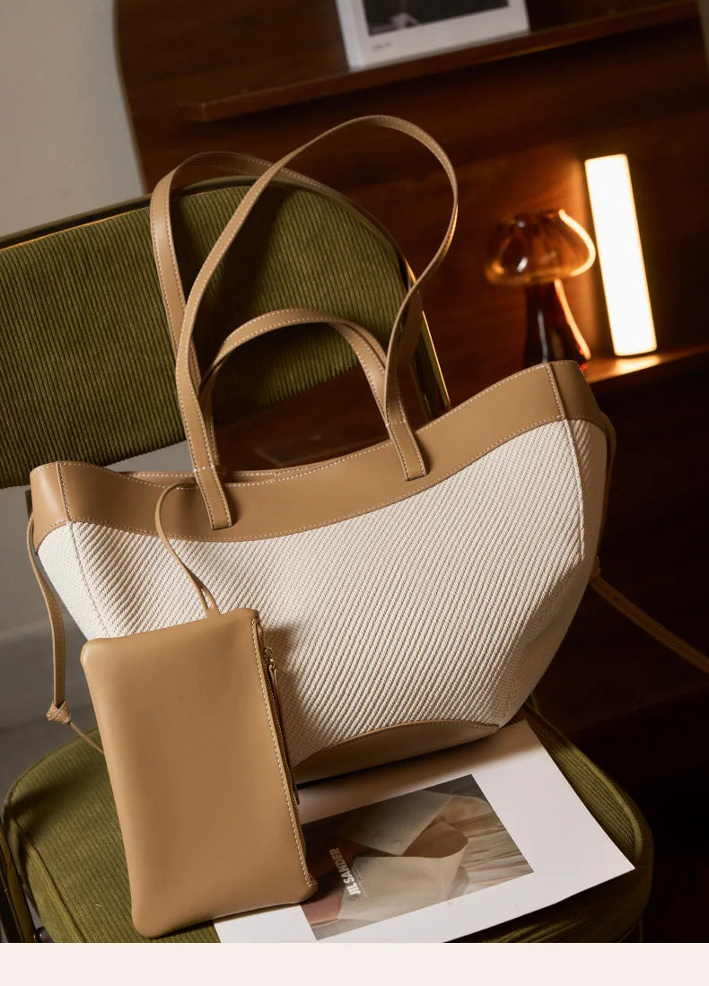 Motingsome Summer Tote Bag Woman Holiday Handbag Luxury Designer Bags Cotton Fabric with Cow Leather Shoulder Purses 2025 New 