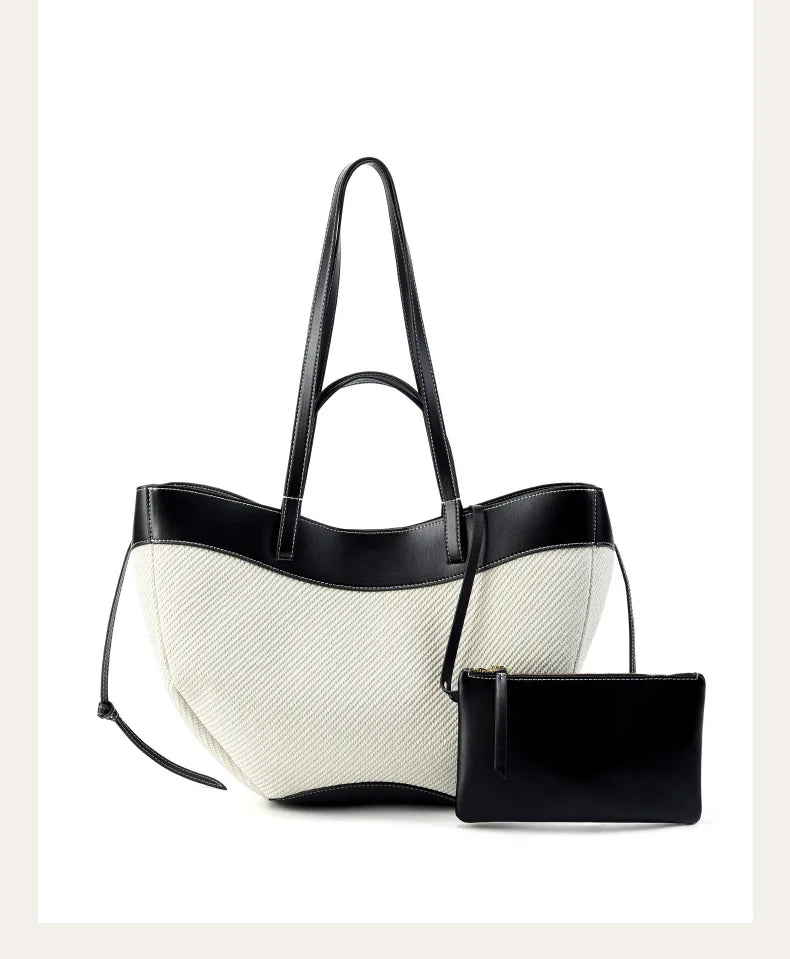 Motingsome Summer Tote Bag Woman Holiday Handbag Luxury Designer Bags Cotton Fabric with Cow Leather Shoulder Purses 2025 New 
