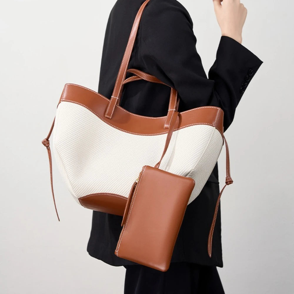 Motingsome Summer Tote Bag Woman Holiday Handbag Luxury Designer Bags Cotton Fabric with Cow Leather Shoulder Purses 2025 New 