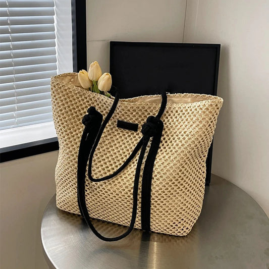 Summer Woven Straw Tote Bag Casual Beach Vacation Women Shoulder Bags Large Capacity Female Handbags Solid Color 