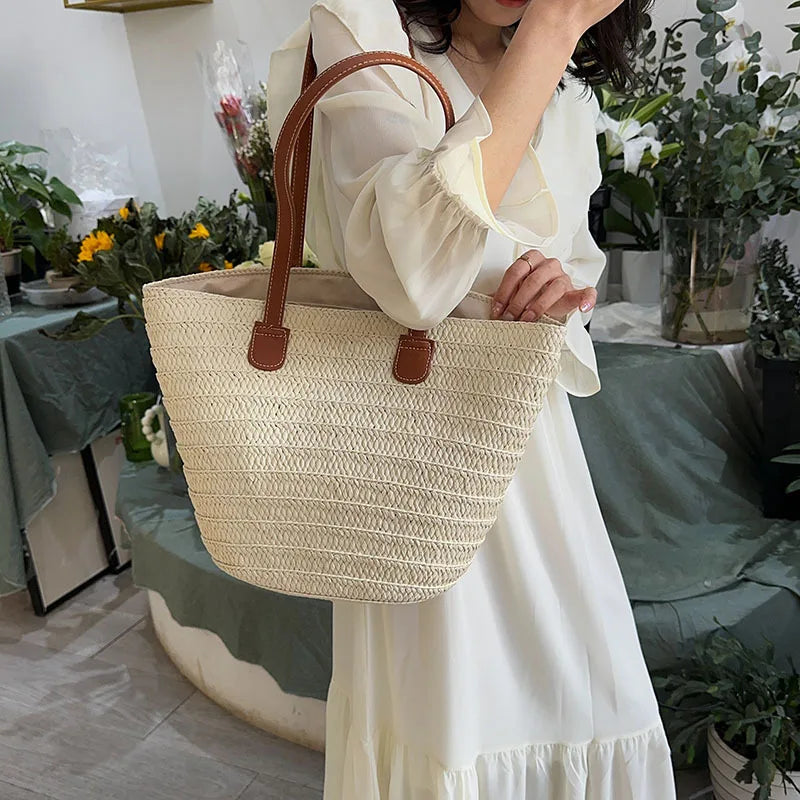 Women's Large Capacity Shoulder Bag Summer Straw Woven Basket Handbag Fashion Female Luxury Designer Beach Bag Bali Shopper Tote 