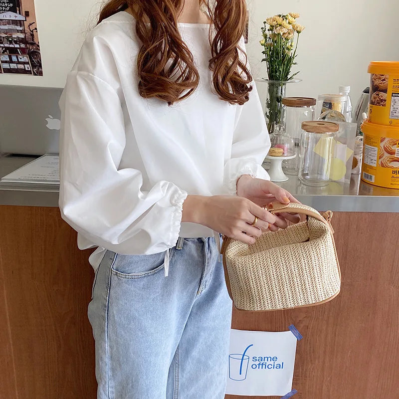 Yogodlns Summer Small Straw Handbag Trendy Shoulder Bag Woven Bucket Crossbody Bag Casual Seaside Beach Bag Gilrs Handle Tote 