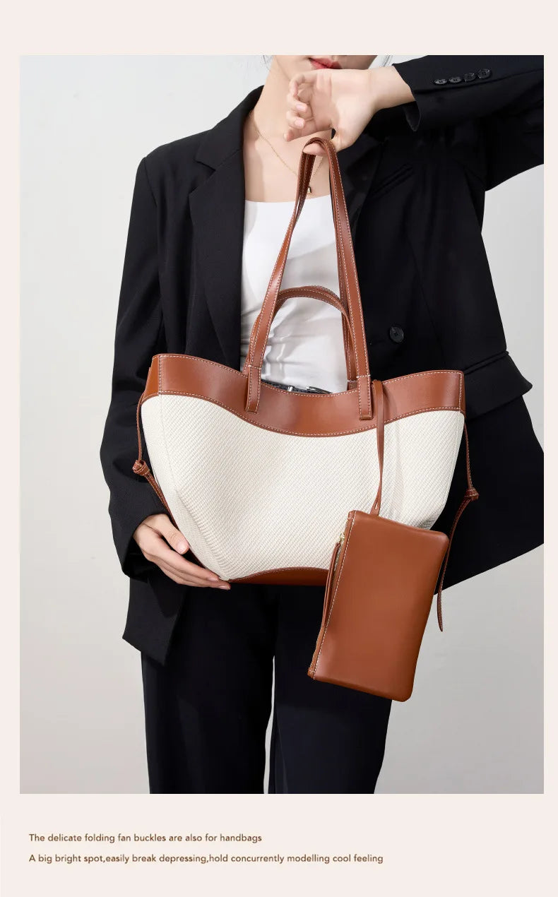 Motingsome Summer Tote Bag Woman Holiday Handbag Luxury Designer Bags Cotton Fabric with Cow Leather Shoulder Purses 2025 New 