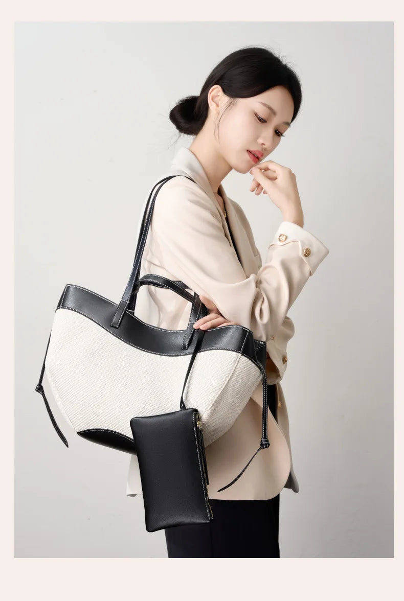 Motingsome Summer Tote Bag Woman Holiday Handbag Luxury Designer Bags Cotton Fabric with Cow Leather Shoulder Purses 2025 New 