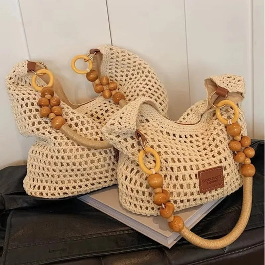 Beach Summer Bag for Women Mesh Woven Shoulder Bag Adjustable Strap Handbag Large Capacity Hobo Bag for Travel Vacation 