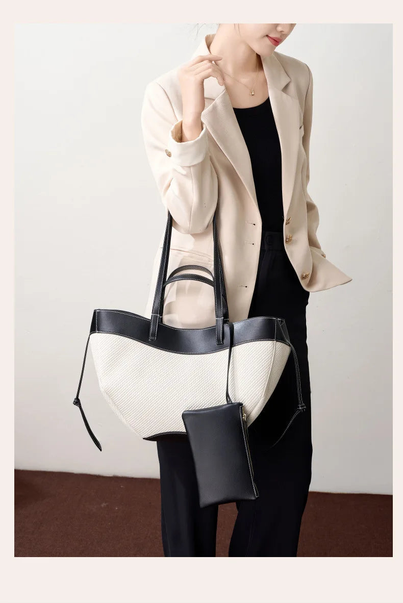 Motingsome Summer Tote Bag Woman Holiday Handbag Luxury Designer Bags Cotton Fabric with Cow Leather Shoulder Purses 2025 New 