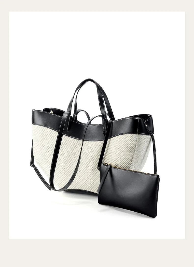 Motingsome Summer Tote Bag Woman Holiday Handbag Luxury Designer Bags Cotton Fabric with Cow Leather Shoulder Purses 2025 New 