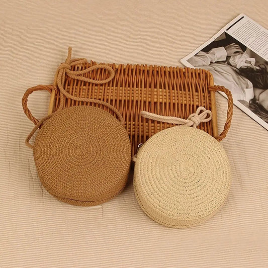 Round Straw Bag Women Woven Beach Crossbody Bag for Ladies Cute Shoulder Rattan Handmade Knitted Candy Color Small Handbag 