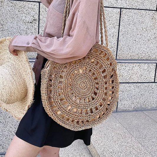 Bohemian Straw Woven Shopper Tote Women Travel Beach Bag Summer Knitted Underarm Shoulder Bag Handmade Wovne Hollow Handbag 