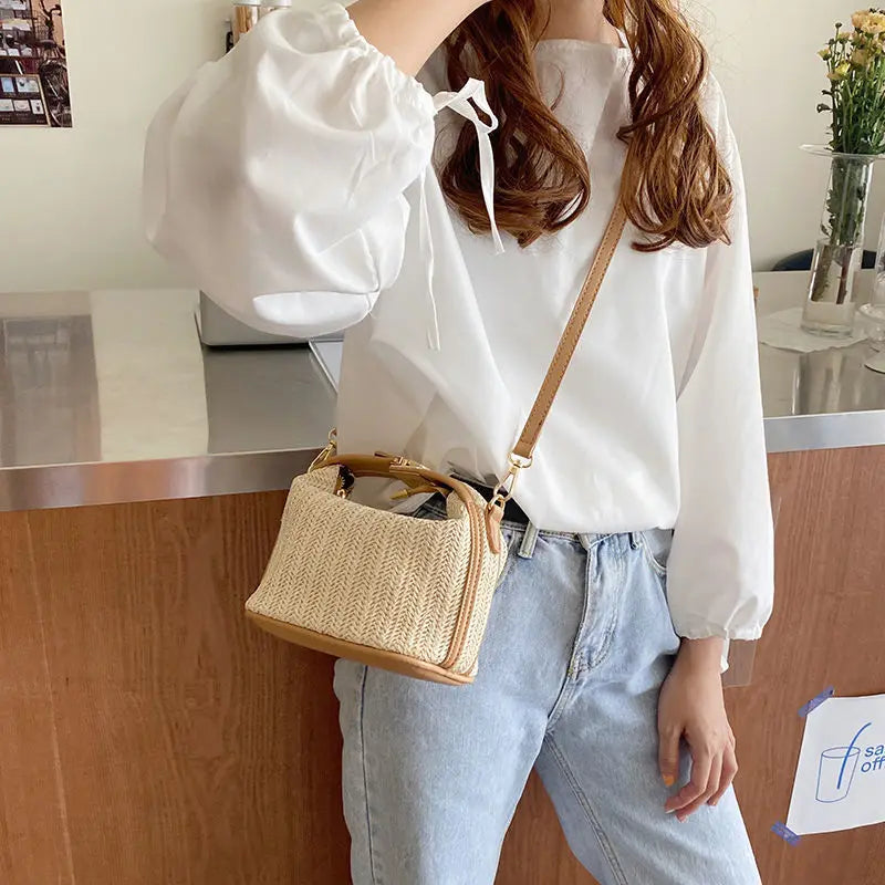 Yogodlns Summer Small Straw Handbag Trendy Shoulder Bag Woven Bucket Crossbody Bag Casual Seaside Beach Bag Gilrs Handle Tote 
