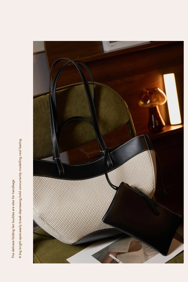 Motingsome Summer Tote Bag Woman Holiday Handbag Luxury Designer Bags Cotton Fabric with Cow Leather Shoulder Purses 2025 New 