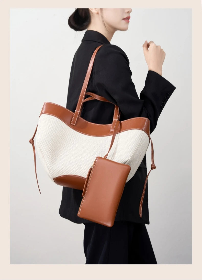 Motingsome Summer Tote Bag Woman Holiday Handbag Luxury Designer Bags Cotton Fabric with Cow Leather Shoulder Purses 2025 New 