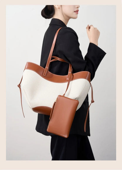 Motingsome Summer Tote Bag Woman Holiday Handbag Luxury Designer Bags Cotton Fabric with Cow Leather Shoulder Purses 2025 New 