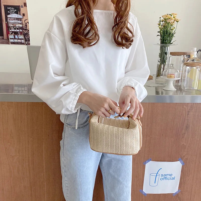 Yogodlns Summer Small Straw Handbag Trendy Shoulder Bag Woven Bucket Crossbody Bag Casual Seaside Beach Bag Gilrs Handle Tote 