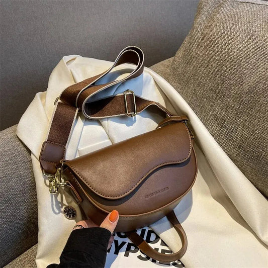 Women Vintage Solid Color Flap Small Saddle Shoulder Underarm Bag Fashion PU Leather Wide Strap Crossbody Bag 