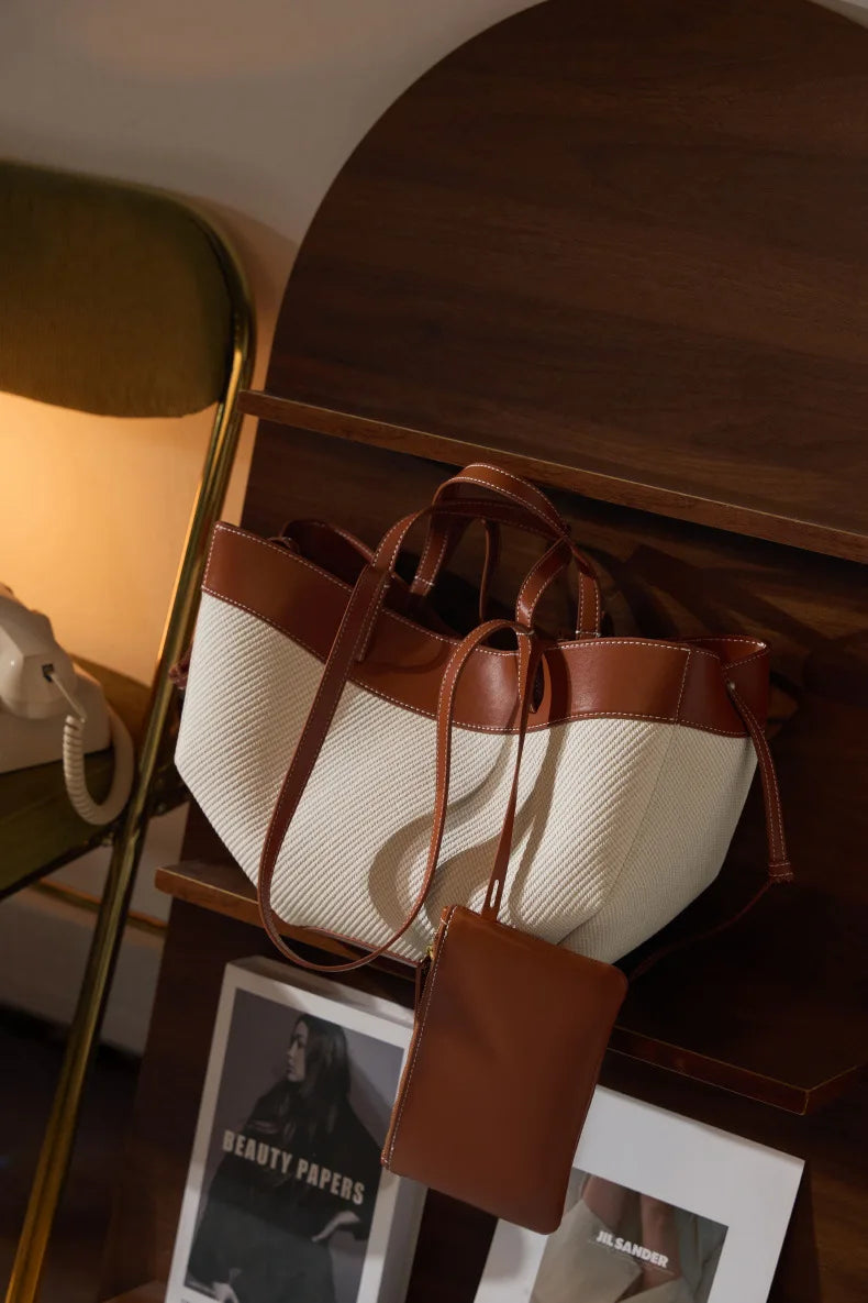 Motingsome Summer Tote Bag Woman Holiday Handbag Luxury Designer Bags Cotton Fabric with Cow Leather Shoulder Purses 2025 New 