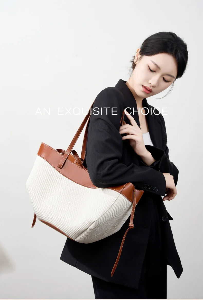 Motingsome Summer Tote Bag Woman Holiday Handbag Luxury Designer Bags Cotton Fabric with Cow Leather Shoulder Purses 2025 New 