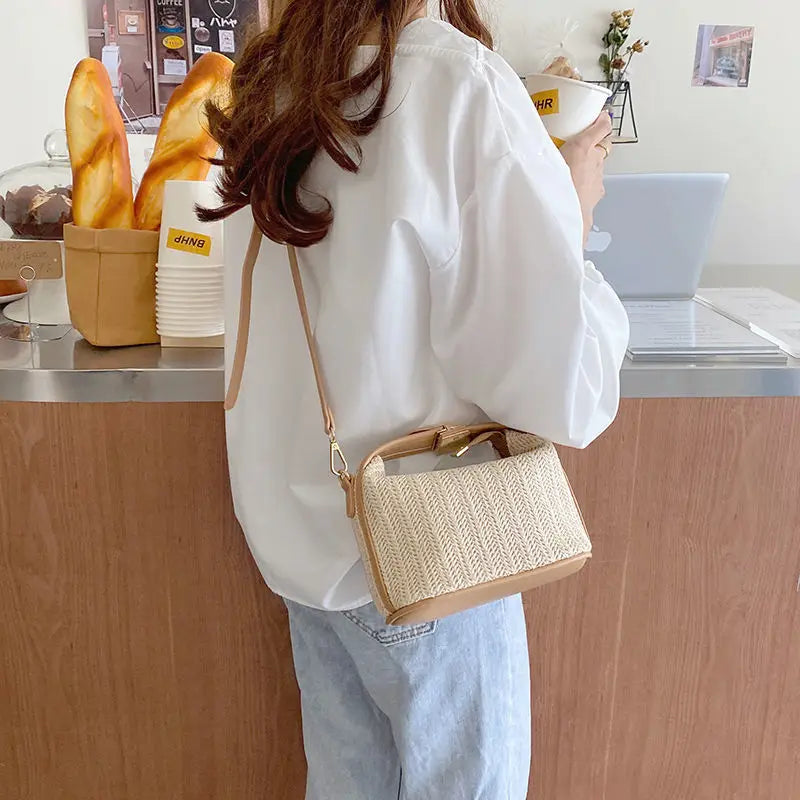 Yogodlns Summer Small Straw Handbag Trendy Shoulder Bag Woven Bucket Crossbody Bag Casual Seaside Beach Bag Gilrs Handle Tote 