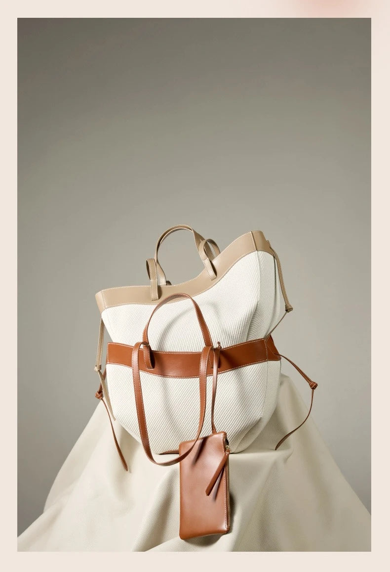 Motingsome Summer Tote Bag Woman Holiday Handbag Luxury Designer Bags Cotton Fabric with Cow Leather Shoulder Purses 2025 New 