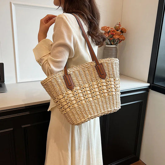 Summer Straw Bags for Women Straw Shoulder Bags Rattan Woven Top Handle Bag Hollow Raffia Crochet Beach Bag Casual Handbags 