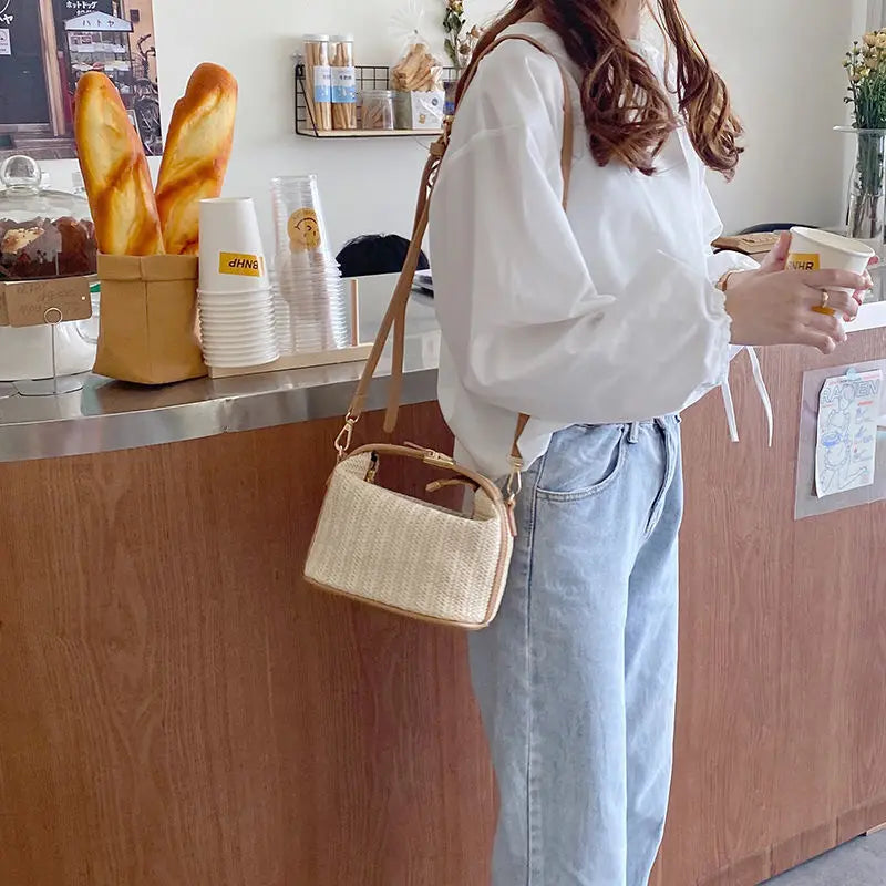 Yogodlns Summer Small Straw Handbag Trendy Shoulder Bag Woven Bucket Crossbody Bag Casual Seaside Beach Bag Gilrs Handle Tote 