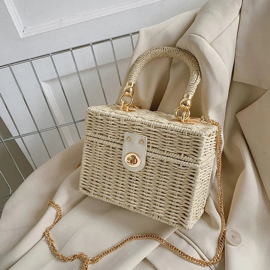 Summer Box Small Purse and Handbags For Women Rattan Straw Woven Crossbody Shoulder Bags Female Fashion Chain Travel Beach Bags 
