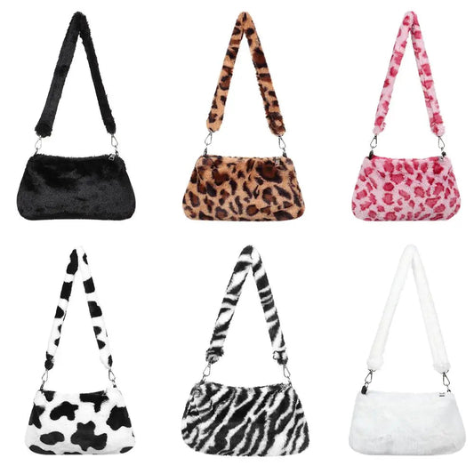 New Women's Casual Shoulder Bag Animal Print Leopard Plush Lady Shoulder Underarm Bag Female Messenger Bag Crossbody Bags 