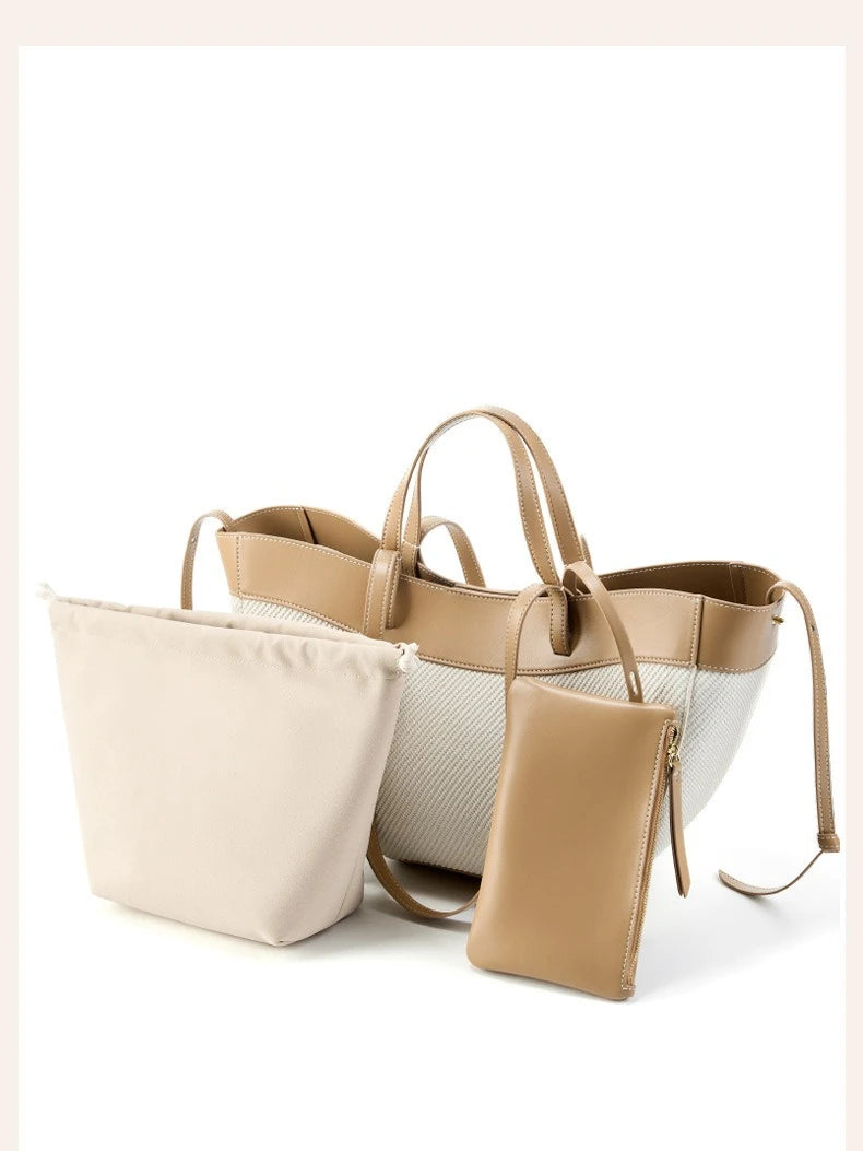 Motingsome Summer Tote Bag Woman Holiday Handbag Luxury Designer Bags Cotton Fabric with Cow Leather Shoulder Purses 2025 New 